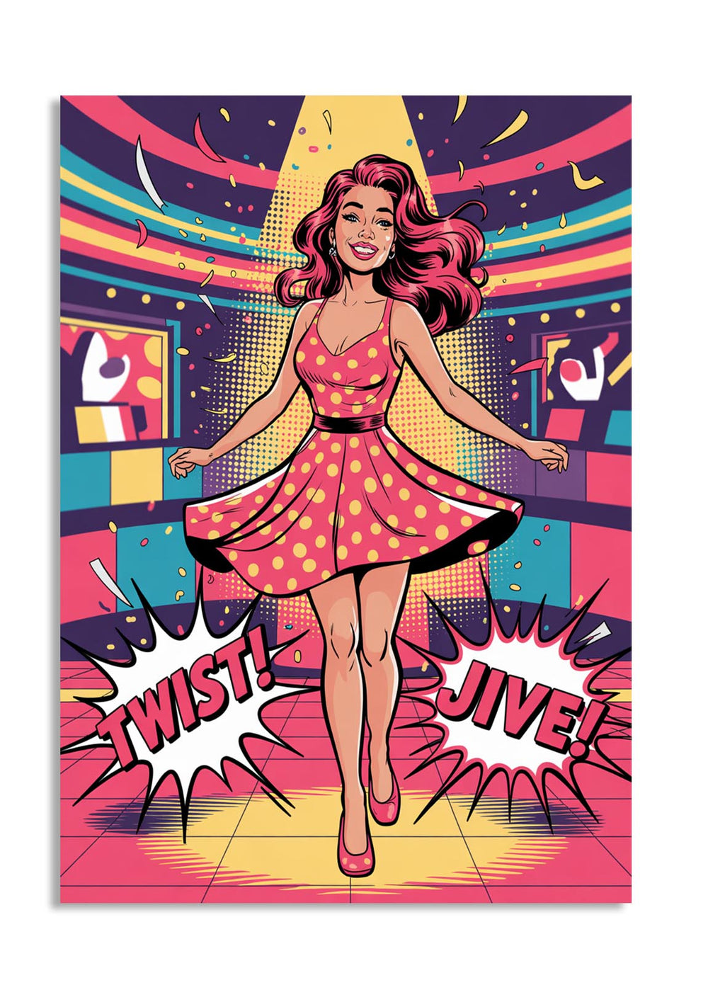 Vintage-style poster with a woman dancing and colorful background, as a premium aluminum metal print from GoMetalPrint.
