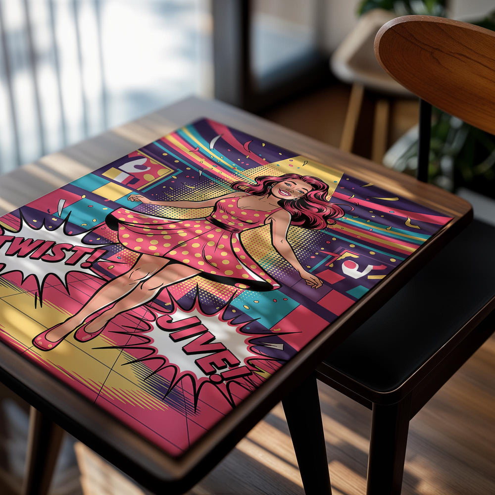 Vintage-style poster with a woman dancing and colorful background, as a premium aluminum metal print from GoMetalPrint.
