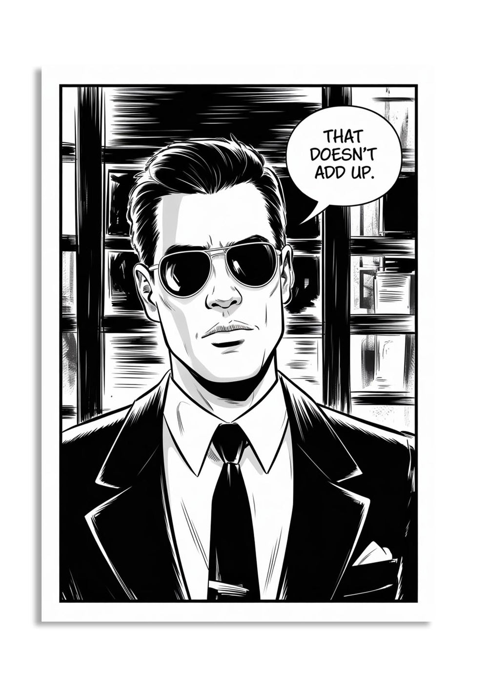 Black and white illustration of a man in a suit with sunglasses, featuring a speech bubble, as a premium aluminum metal print from GoMetalPrint.
