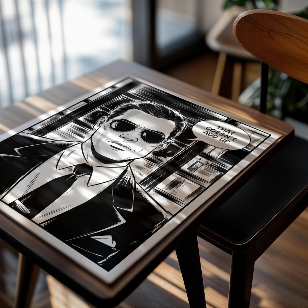 Black and white illustration of a man in a suit with sunglasses, featuring a speech bubble, as a premium aluminum metal print from GoMetalPrint.

