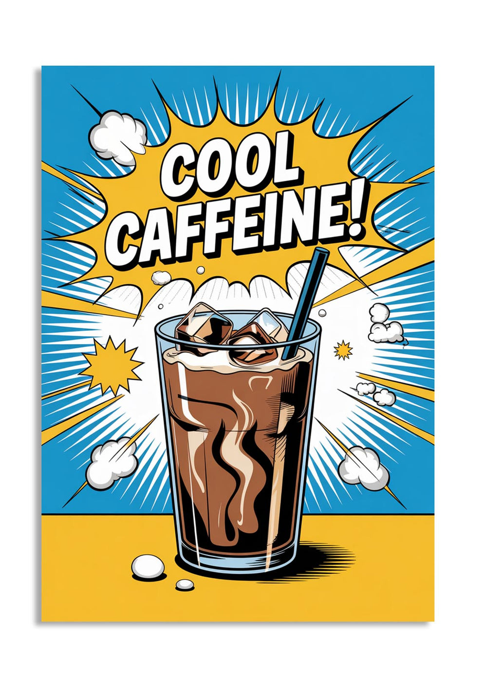 Comic-style illustration of a glass of iced coffee with a straw, labeled 'Cool Caffeine!' on a blue and yellow background, as a premium aluminum metal print from GoMetalPrint.
