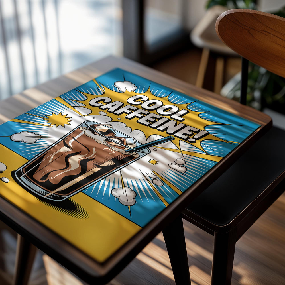 Comic-style illustration of a glass of iced coffee with a straw, labeled 'Cool Caffeine!' on a blue and yellow background, as a premium aluminum metal print from GoMetalPrint.
