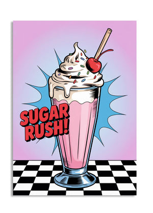 Cartoon-style milkshake with whipped cream, cherry, and 'Sugar Rush!' text on a checkered floor, as a premium aluminum metal print from GoMetalPrint.
