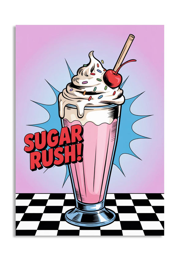 Cartoon-style milkshake with whipped cream, cherry, and 'Sugar Rush!' text on a checkered floor, as a premium aluminum metal print from GoMetalPrint.
