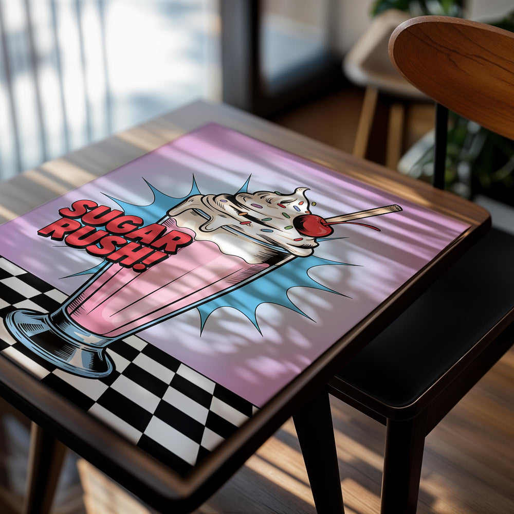 Cartoon-style milkshake with whipped cream, cherry, and 'Sugar Rush!' text on a checkered floor, as a premium aluminum metal print from GoMetalPrint.
