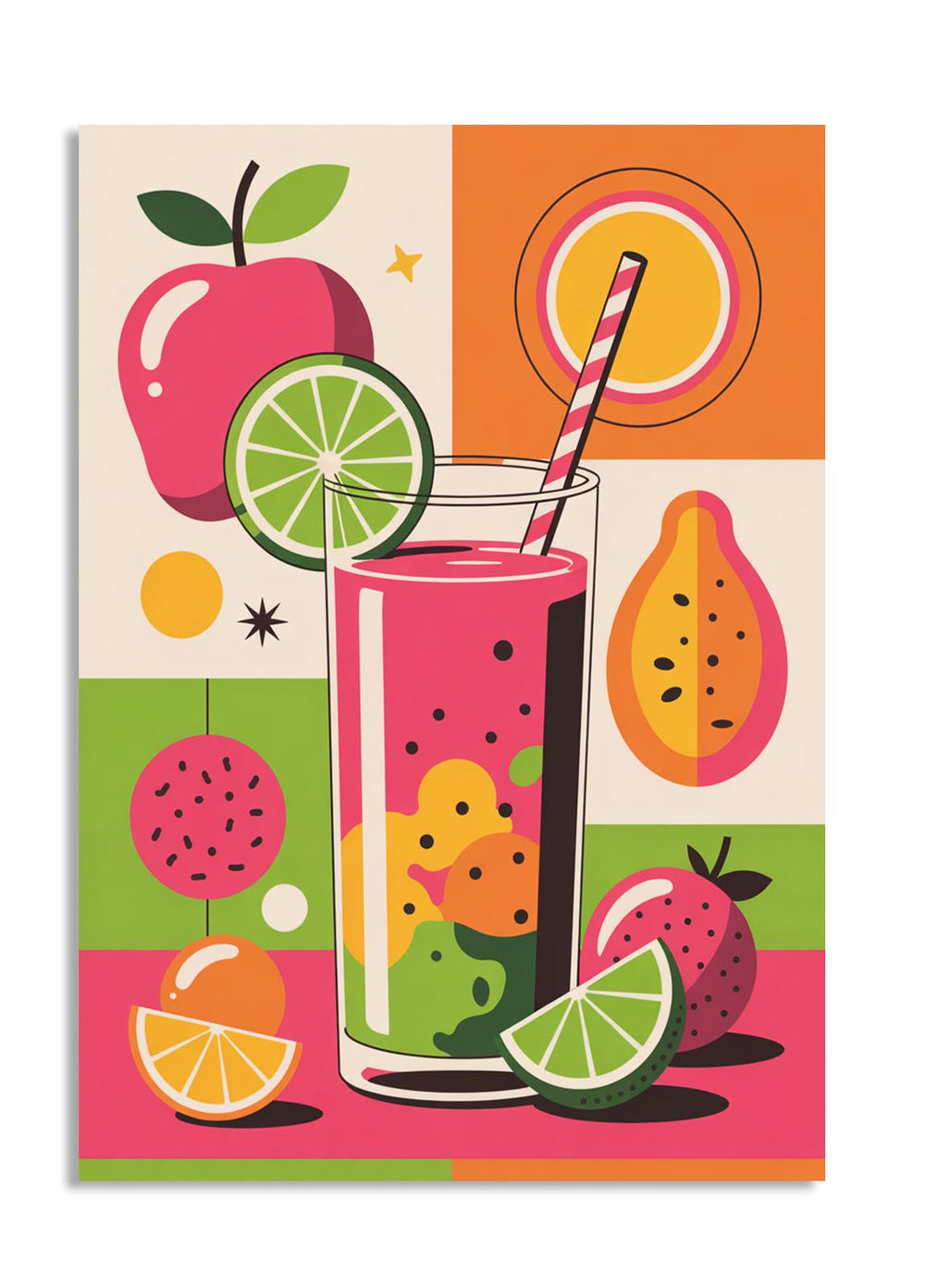 Fruit-themed poster with a glass of pink juice, lime, and straw on a colorful background, as a premium aluminum metal print from GoMetalPrint.

