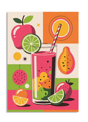 Fruit-themed poster with a glass of pink juice, lime, and straw on a colorful background, as a premium aluminum metal print from GoMetalPrint.
