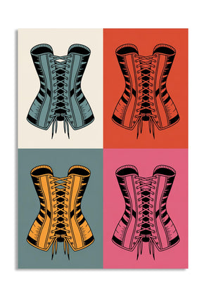 Four corset illustrations in different colors on a white background, as a premium aluminum metal print from GoMetalPrint.
