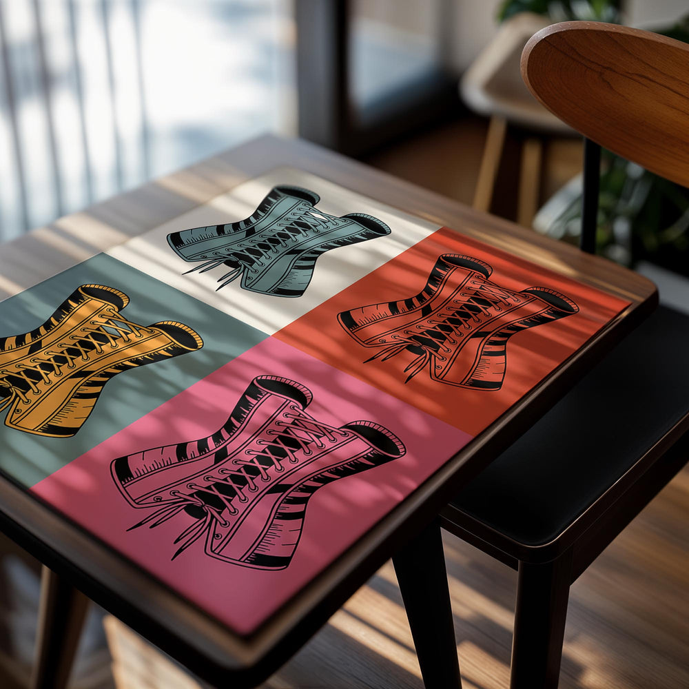 Four corset illustrations in different colors on a white background, as a premium aluminum metal print from GoMetalPrint.
