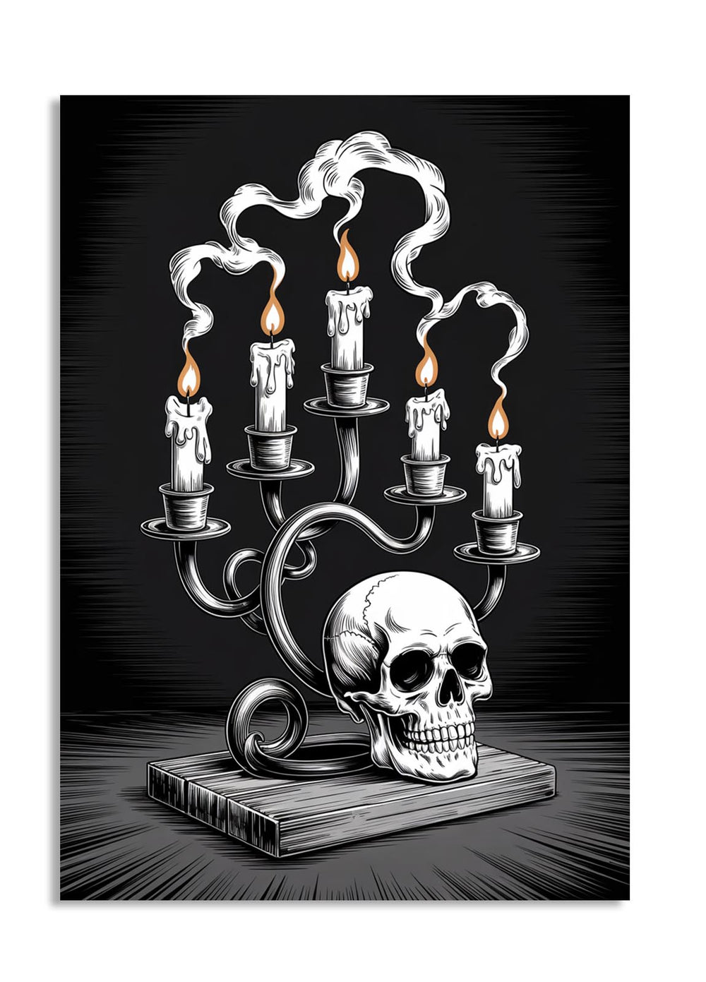 Candleabra with candles and a skull on a dark background, as a premium aluminum metal print from GoMetalPrint.
