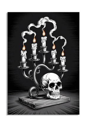 Candleabra with candles and a skull on a dark background, as a premium aluminum metal print from GoMetalPrint.

