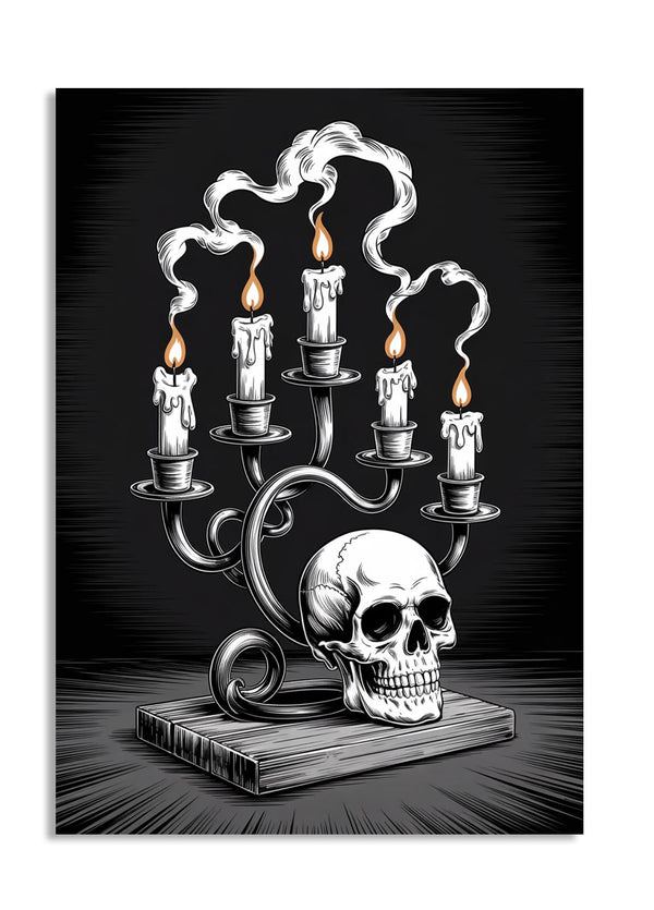 Candleabra with candles and a skull on a dark background, as a premium aluminum metal print from GoMetalPrint.
