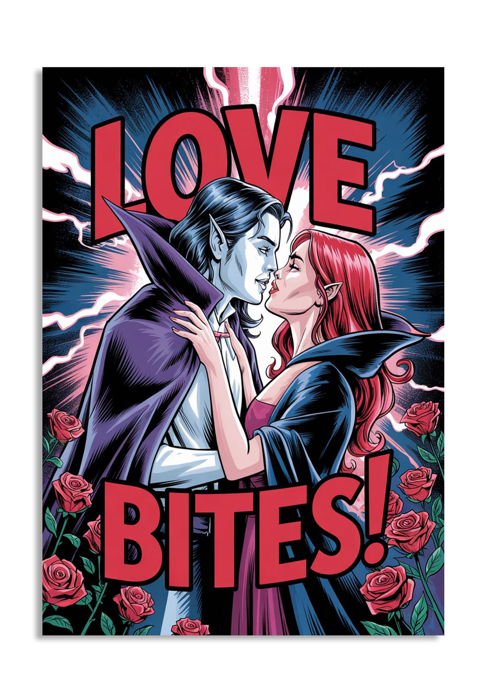 Illustration of a couple embracing with 'LOVE BITES!' text and roses in the background, as a premium aluminum metal print from GoMetalPrint.

