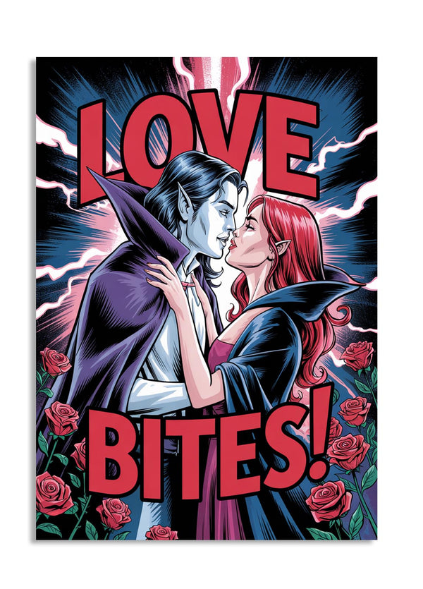 Illustration of a couple embracing with 'LOVE BITES!' text and roses in the background, as a premium aluminum metal print from GoMetalPrint.
