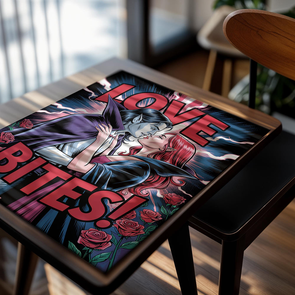 Illustration of a couple embracing with 'LOVE BITES!' text and roses in the background, as a premium aluminum metal print from GoMetalPrint.
