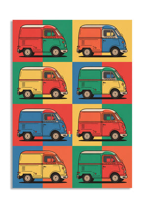 Colorful grid of retro vans on a geometric patterned background, as a premium aluminum metal print from GoMetalPrint.
