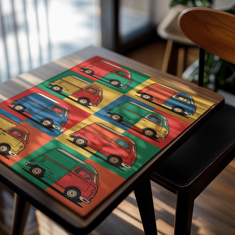 Colorful grid of retro vans on a geometric patterned background, as a premium aluminum metal print from GoMetalPrint.
