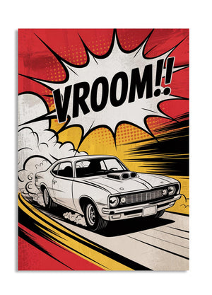 Vintage car illustration with 'VROOM!!' text on a colorful background, as a premium aluminum metal print from GoMetalPrint.
