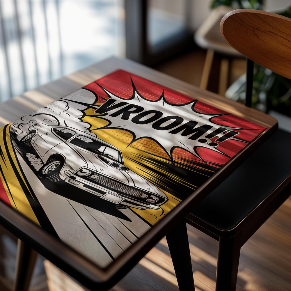 Vintage car illustration with 'VROOM!!' text on a colorful background, as a premium aluminum metal print from GoMetalPrint.

