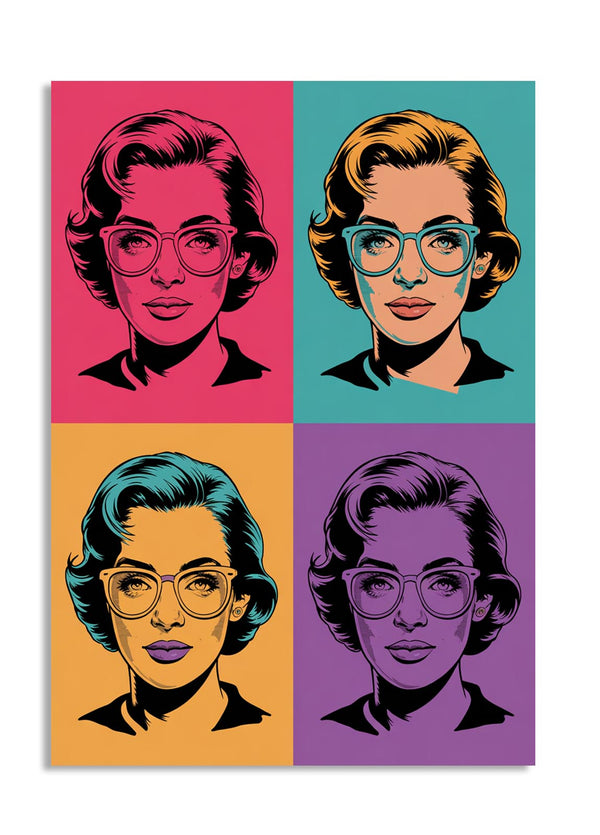 Four colorful portraits of a woman with glasses in a grid layout, as a premium aluminum metal print from GoMetalPrint.
