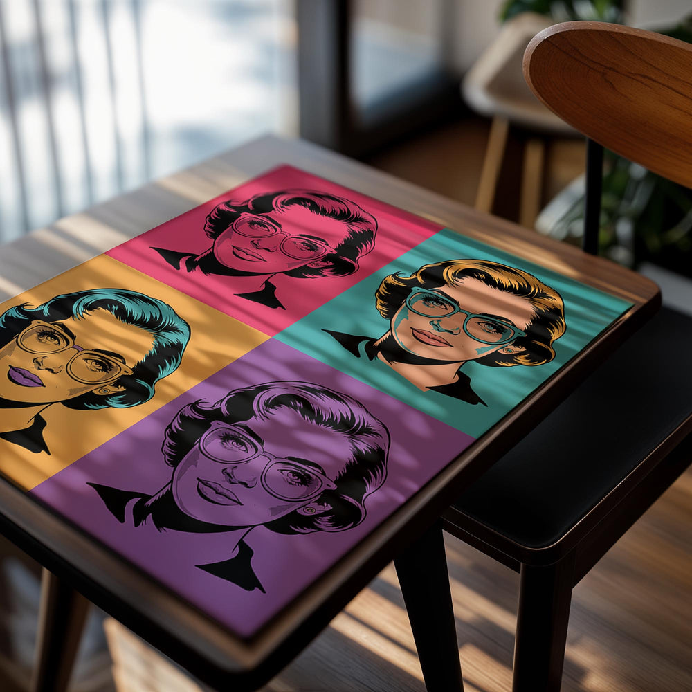 Four colorful portraits of a woman with glasses in a grid layout, as a premium aluminum metal print from GoMetalPrint.
