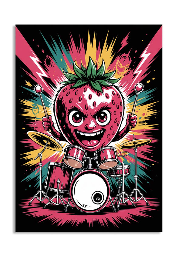 Illustration of a strawberry playing drums with a colorful background, as a premium aluminum metal print from GoMetalPrint.
