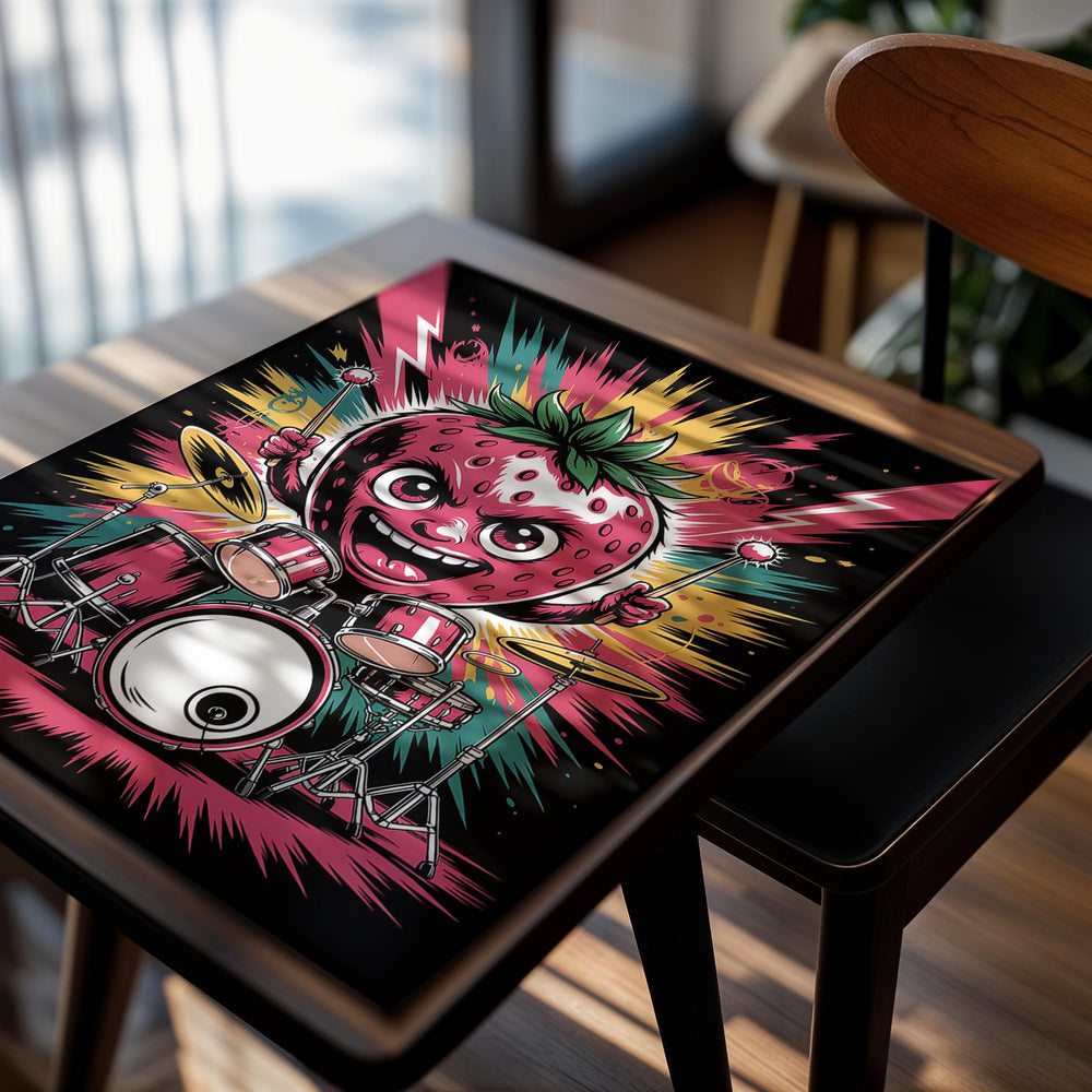 Illustration of a strawberry playing drums with a colorful background, as a premium aluminum metal print from GoMetalPrint.
