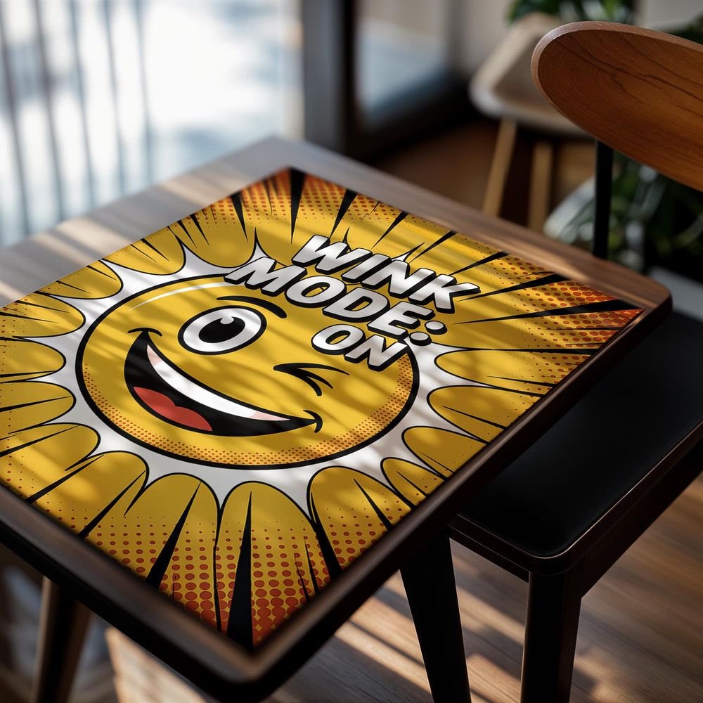Comic-style smiley face with 'Wink Mode: On' text on a yellow background, as a premium aluminum metal print from GoMetalPrint.
