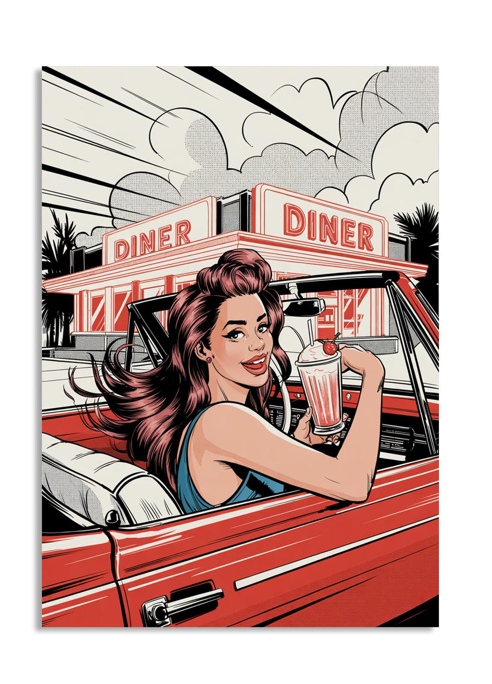 Illustration of a woman in a red car with a milkshake in front of a diner, as a premium aluminum metal print from GoMetalPrint.
