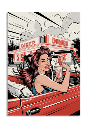 Illustration of a woman in a red car with a milkshake in front of a diner, as a premium aluminum metal print from GoMetalPrint.
