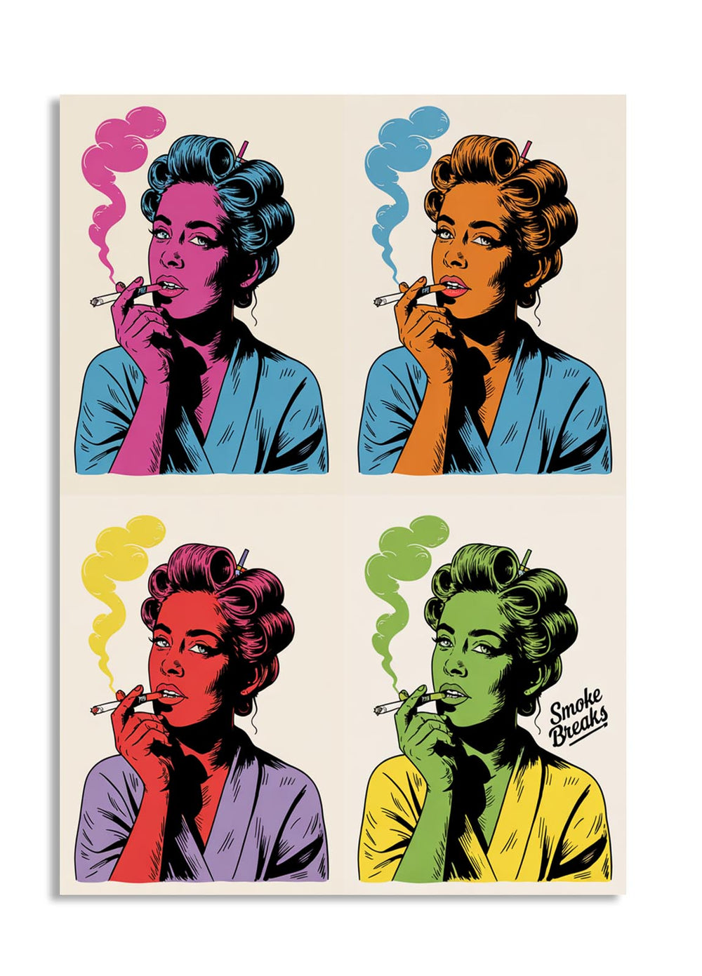 Four colorful illustrations of women smoking cigarettes on a beige background, as a premium aluminum metal print from GoMetalPrint.
