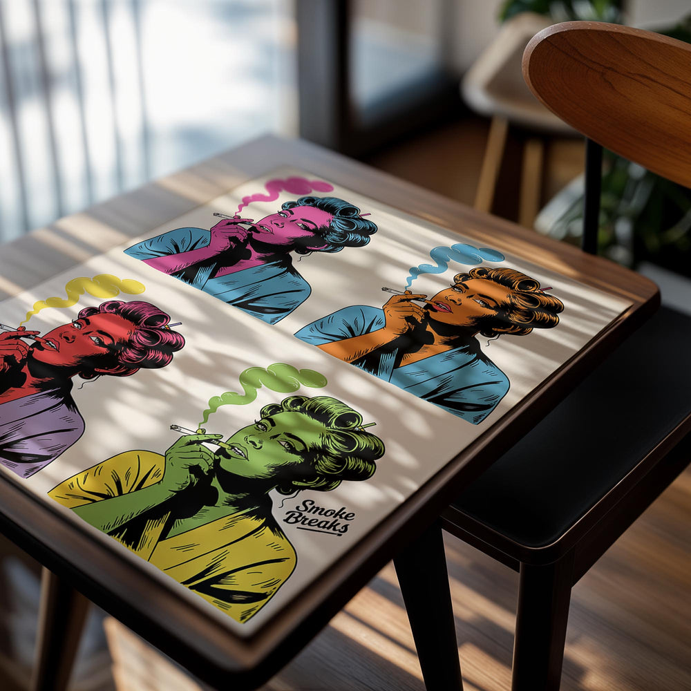 Four colorful illustrations of women smoking cigarettes on a beige background, as a premium aluminum metal print from GoMetalPrint.
