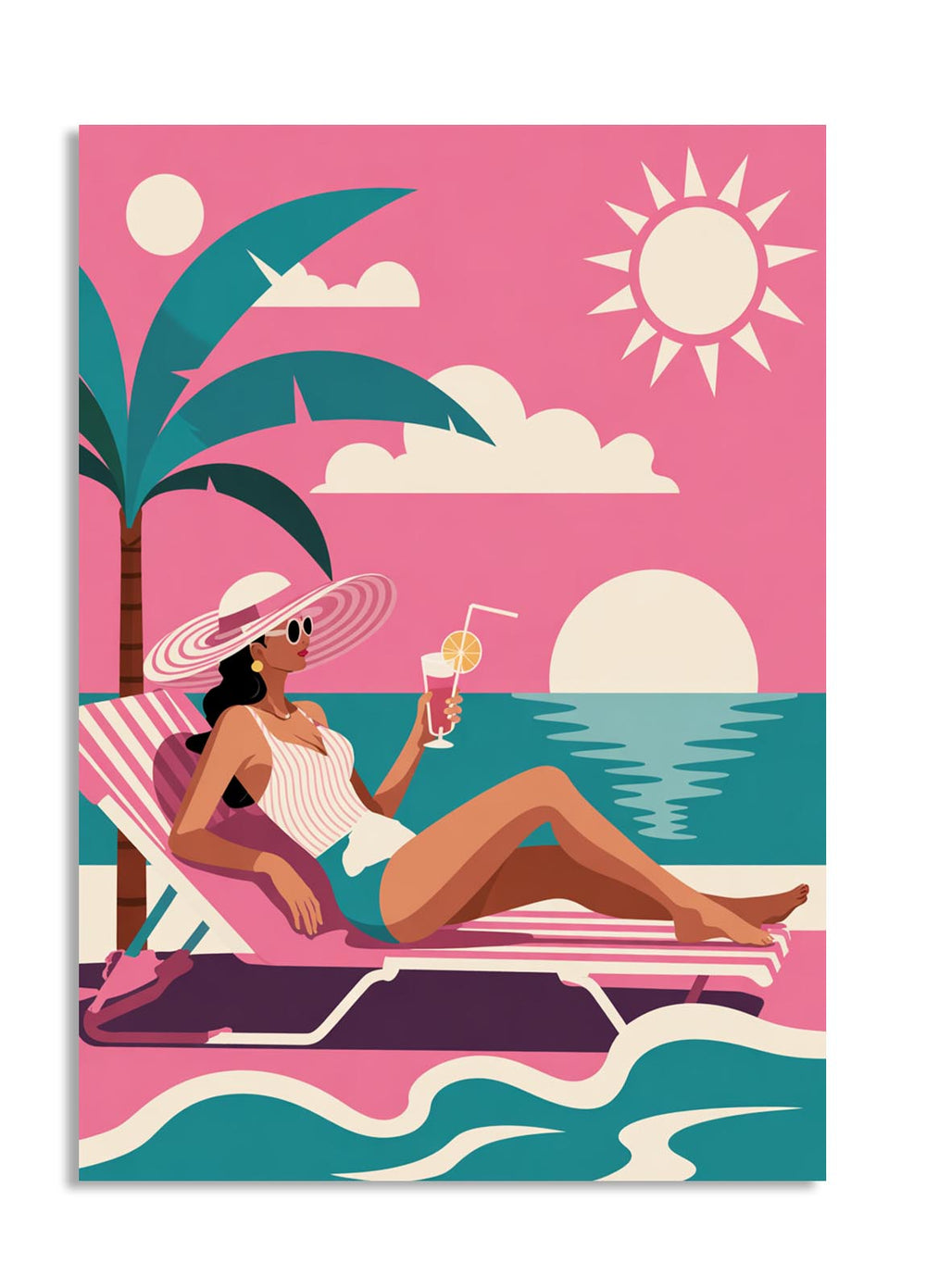 Illustration of a woman lounging on a beach chair with a cocktail, palm tree, and sunset on a pink background, as a premium aluminum metal print from GoMetalPrint.
