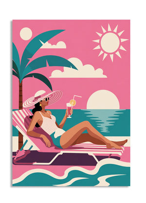 Illustration of a woman lounging on a beach chair with a cocktail, palm tree, and sunset on a pink background, as a premium aluminum metal print from GoMetalPrint.
