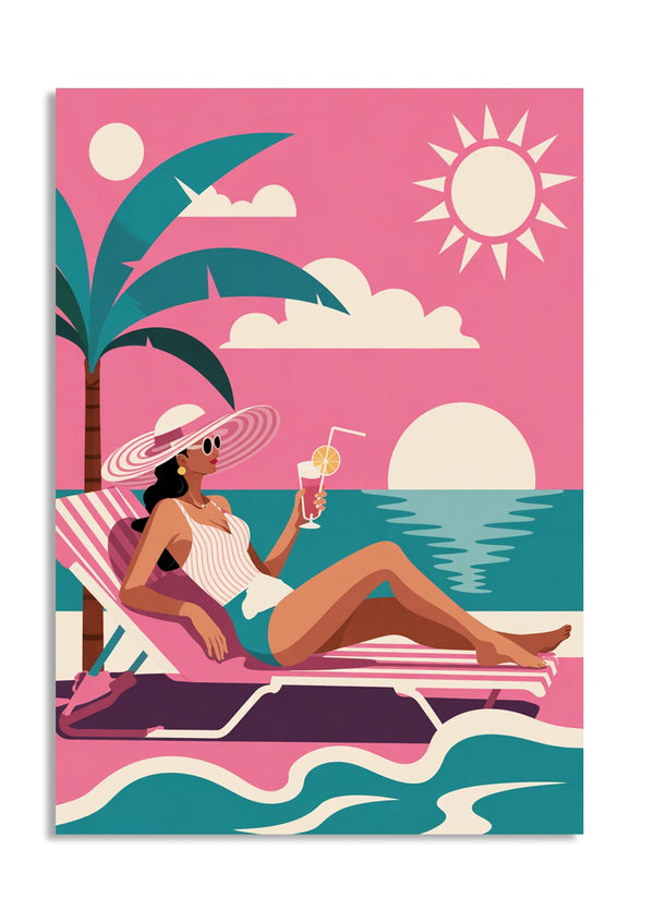 Illustration of a woman lounging on a beach chair with a cocktail, palm tree, and sunset on a pink background, as a premium aluminum metal print from GoMetalPrint.
