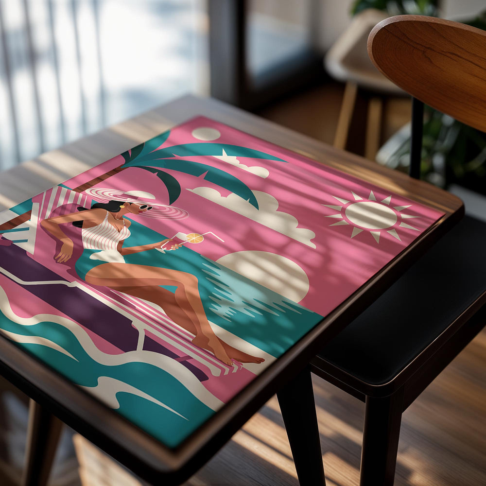Illustration of a woman lounging on a beach chair with a cocktail, palm tree, and sunset on a pink background, as a premium aluminum metal print from GoMetalPrint.
