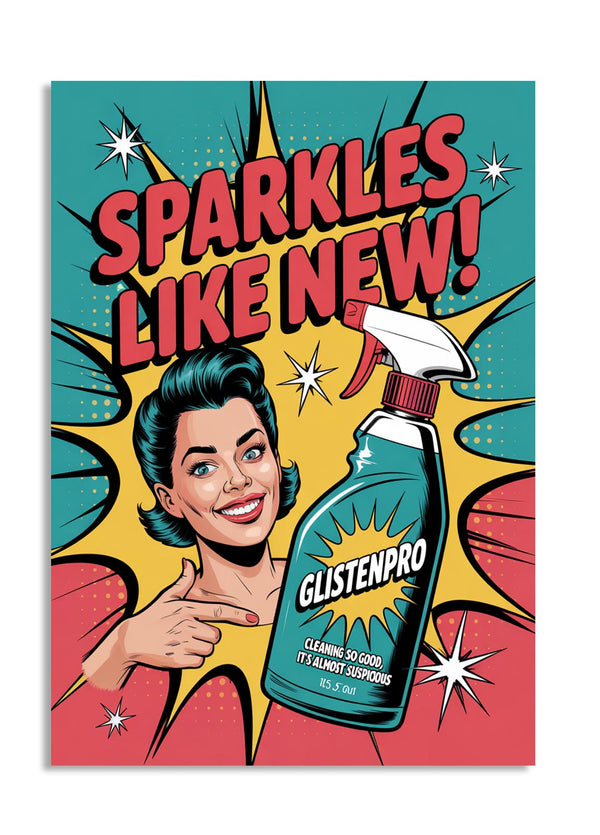 Vintage-style advertisement for Glisten-Pro cleaning product with a woman holding it and text 'Sparkles Like New!',  as a premium aluminum metal print from GoMetalPrint.
