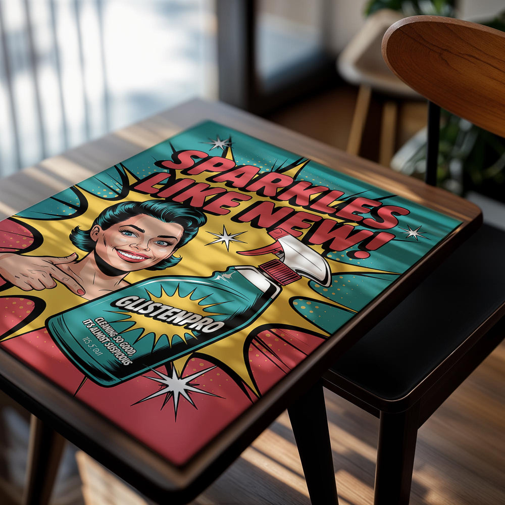 Vintage-style advertisement for Glisten-Pro cleaning product with a woman holding it and text 'Sparkles Like New!',  as a premium aluminum metal print from GoMetalPrint.
