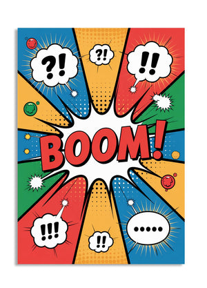 Colorful graphic with 'BOOM!' text and comic book-style speech bubbles on a white background, as a premium aluminum metal print from GoMetalPrint.
