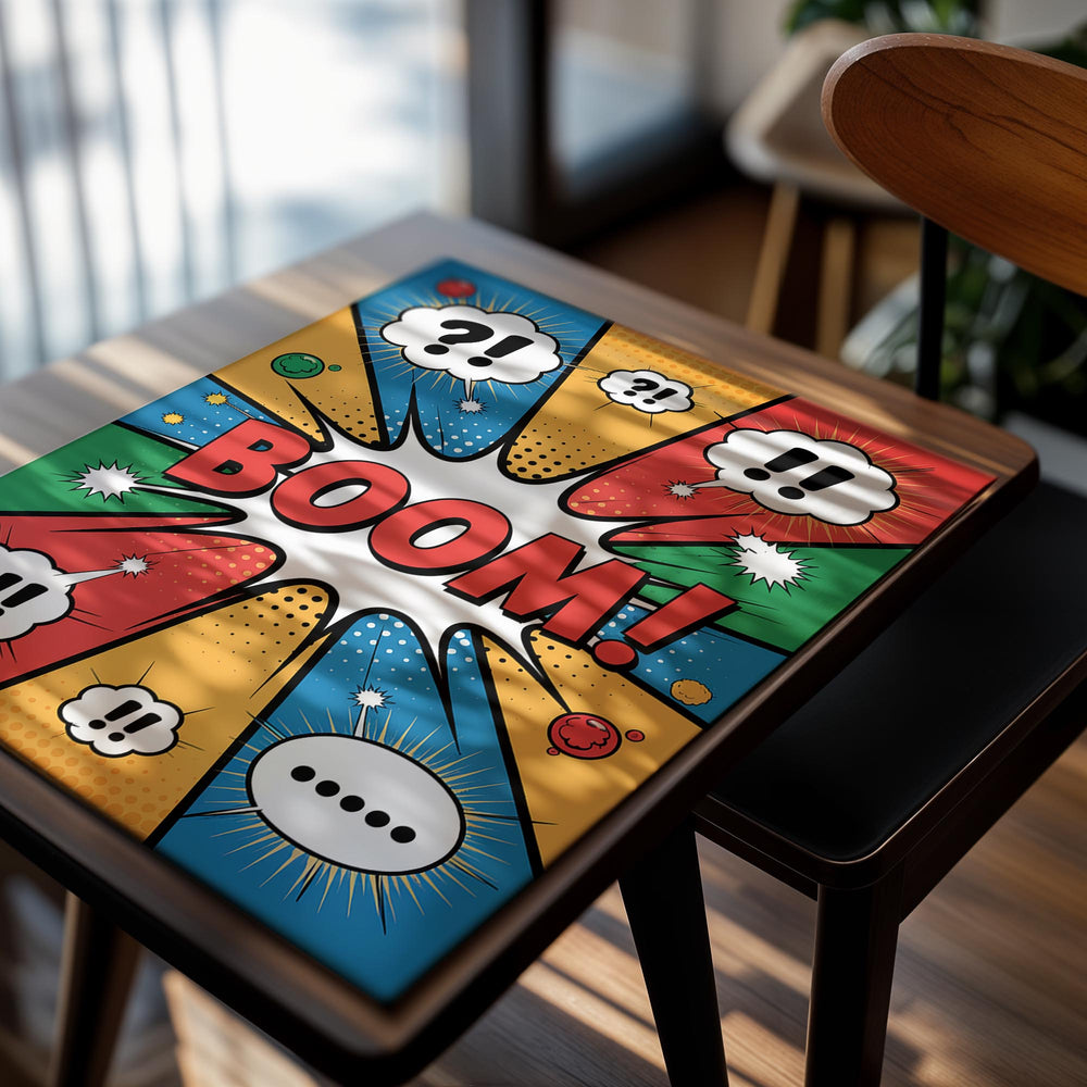 Colorful graphic with 'BOOM!' text and comic book-style speech bubbles on a white background, as a premium aluminum metal print from GoMetalPrint.
