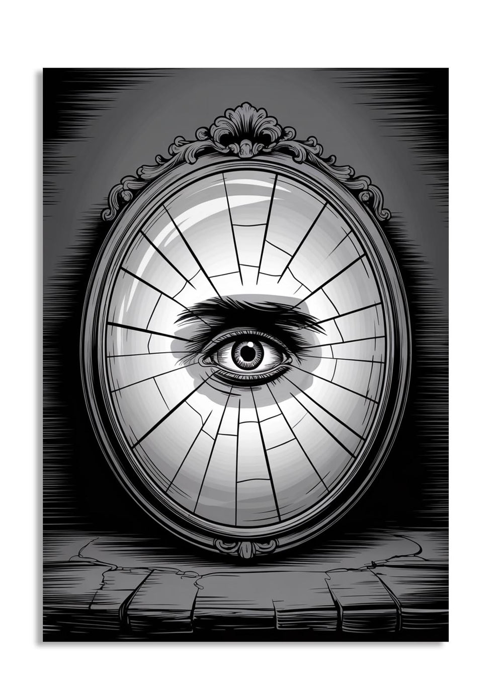 A cracked antique mirror with a singular, intense eye peering out from its center, as a premium aluminum metal print from GoMetalPrint.
