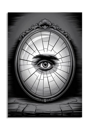 A cracked antique mirror with a singular, intense eye peering out from its center, as a premium aluminum metal print from GoMetalPrint.
