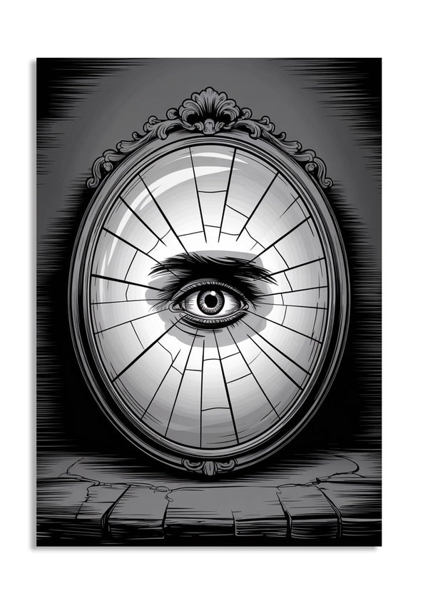 A cracked antique mirror with a singular, intense eye peering out from its center, as a premium aluminum metal print from GoMetalPrint.
