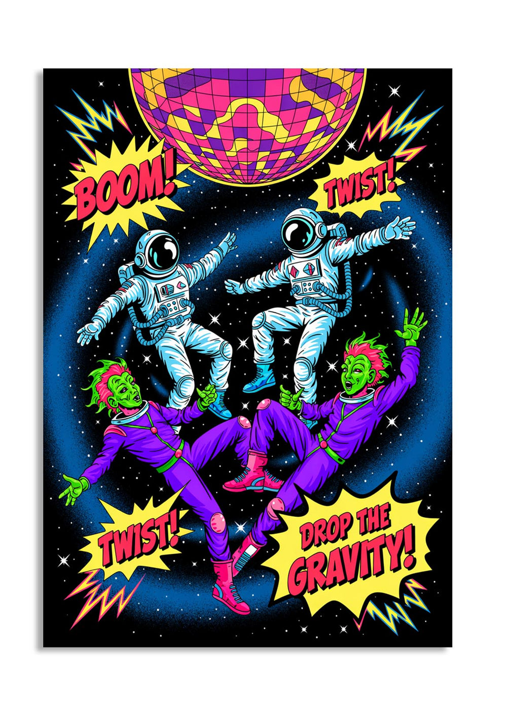 Colorful poster with astronauts and space-themed text on a black background, as a premium aluminum metal print from GoMetalPrint.

