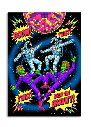 Colorful poster with astronauts and space-themed text on a black background, as a premium aluminum metal print from GoMetalPrint.
