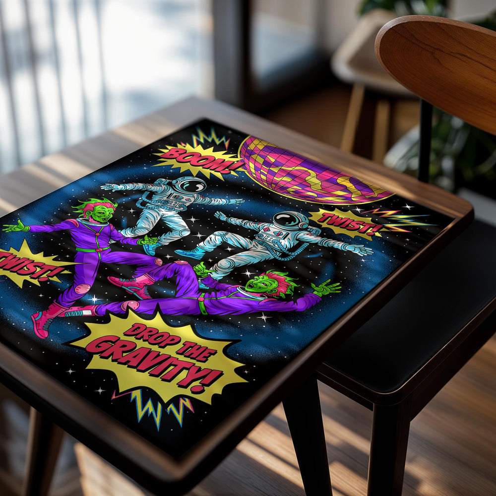 Colorful poster with astronauts and space-themed text on a black background, as a premium aluminum metal print from GoMetalPrint.
