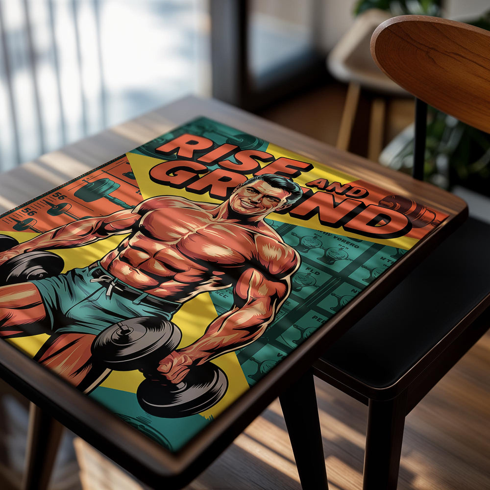 Vintage-style poster with a muscular man lifting weights and the text 'Rise and Grind', as a premium aluminum metal print from GoMetalPrint.
