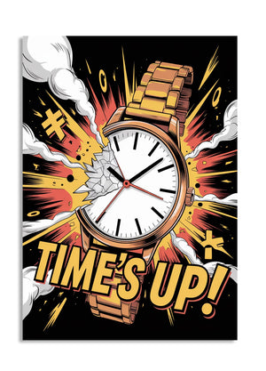 Cartoon watch with 'TIME'S UP!' text against a black background,, as a premium aluminum metal print from GoMetalPrint.
