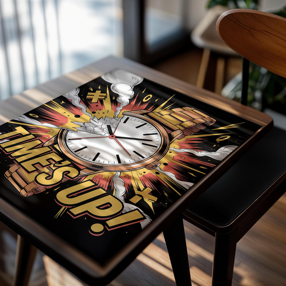 Cartoon watch with 'TIME'S UP!' text against a black background,, as a premium aluminum metal print from GoMetalPrint.
