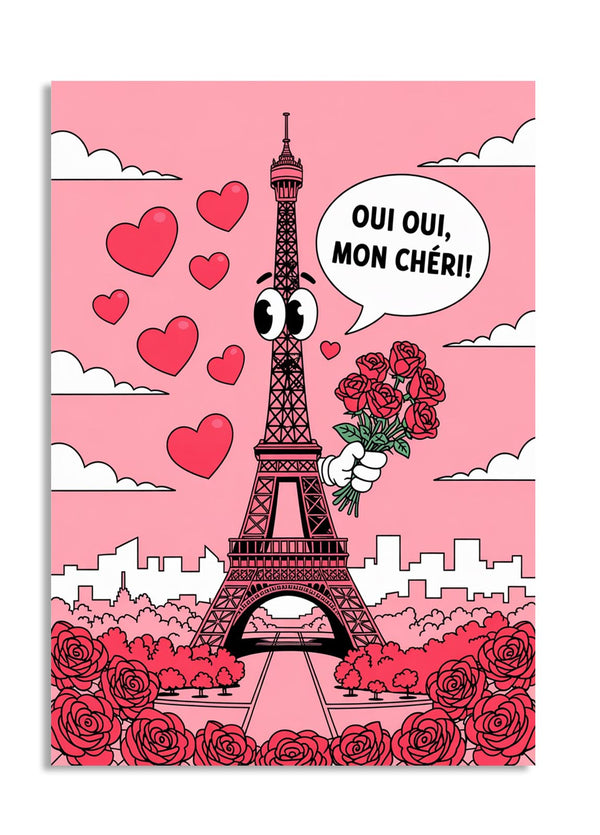 Cartoon Eiffel Tower with heart eyes and roses on a pink background with hearts and 'Oui Oui, Mon Cheri!' text, as a premium aluminum metal print from GoMetalPrint.
